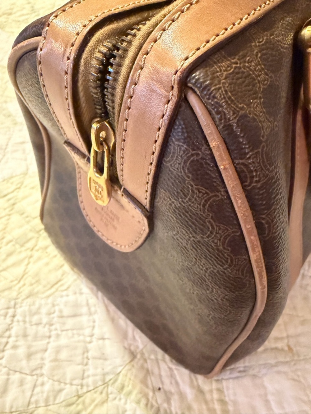Vintage CELINE Brown Canvas Macadam Leather Boston Tote Bag Made in Italy - Picture 10 of 16